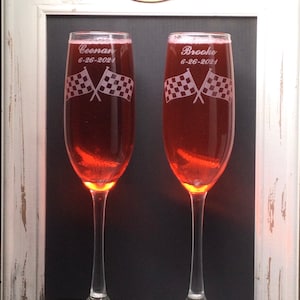 Personalized Checker Flags   wedding toasting flute glasses, Name & Date added FREE