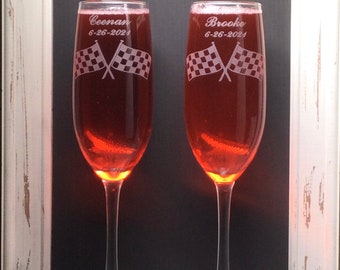 Personalized Checker Flags   wedding toasting flute glasses, Name & Date added FREE