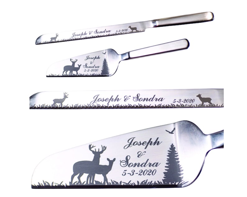 Buck and Doe Deer couple Wedding Cake Knife and Server with Names and