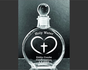 Personalized Elegant Catholic Heart Cross Baptism Holy Water Etched  6 oz. Glass  Bottle