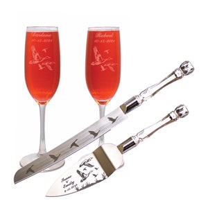 Wild Ducks Wedding Cake Knife and Server & Champagne glass flute set with Names and Date FREE
