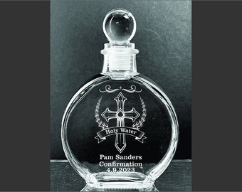 Personalized Elegant Catholic Vine Cross Baptism Holy Water Etched  6 oz. Glass  Bottle