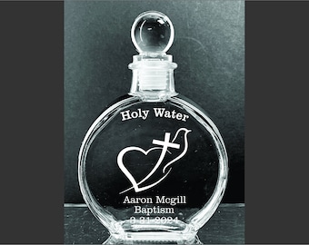 Personalized Elegant Catholic Heart Dove Cross Holy Water Etched  6 oz. Glass  Bottle
