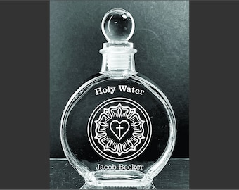 6 oz. Personalized Elegant Lutheran Rose Holy Water Etched Glass Bottle