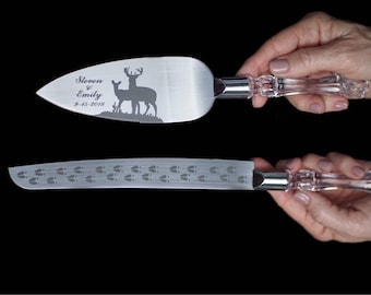 Deer Couple, Buck and Doe Wedding Cake Knife and Server with Names and Date FREE