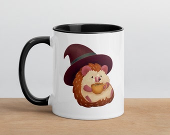Cozy Halloween Hedgehog Witch Mug | Halloween Hedgehog Coffee Cup | Black Cat Witch Mug