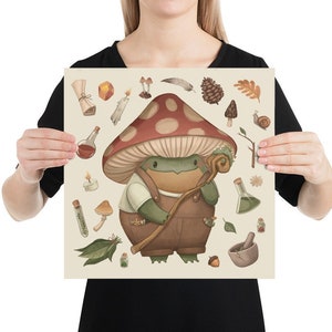 Mushroom Frog Toad Cottagecore Mushroomcore Poster Print Wall Art. Goblincore Decoration. Woodland Nursery Print