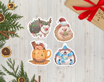 Hedgehog Stickers | Christmas Stickers | Winter Holiday Cozy Hedgehog Mom Gift | Woodland Animal Sticker Pack | Hedgehog Lover Gift