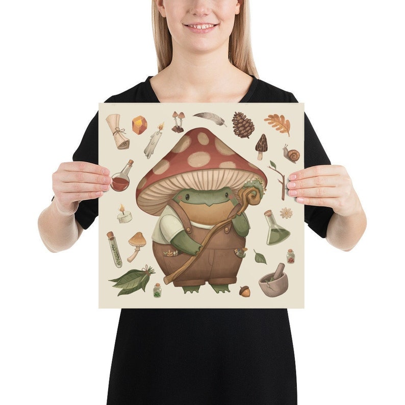 Mushroom Frog Toad Cottagecore Mushroomcore Poster Print Wall Art. Goblincore Decoration. Woodland Nursery Print image 1