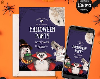 Hedgehog Halloween Party Invitation Template: Animated Digital Invite (Canva Template)
