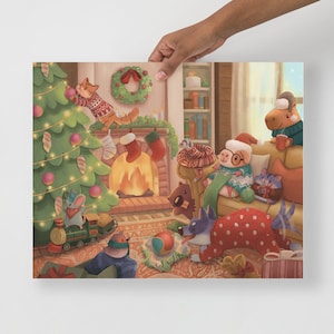 Cozy Hearth Poster, Christmas Morning Animals Wall Art, Holiday Animals Print, Capybara, Mouse, Cat, Hamster, Guinea Pig Christmas Present
