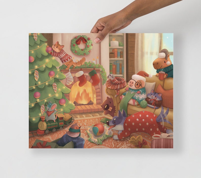 Cozy Hearth Poster, Christmas Morning Animals Wall Art, Holiday Animals Print, Capybara, Mouse, Cat, Hamster, Guinea Pig Christmas Present