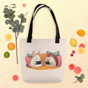 Hedgehog Bunny Rabbit Cozy Gamers Tote bag; Birthday Gift for Women, Girls, Teens, Animal Lovers.