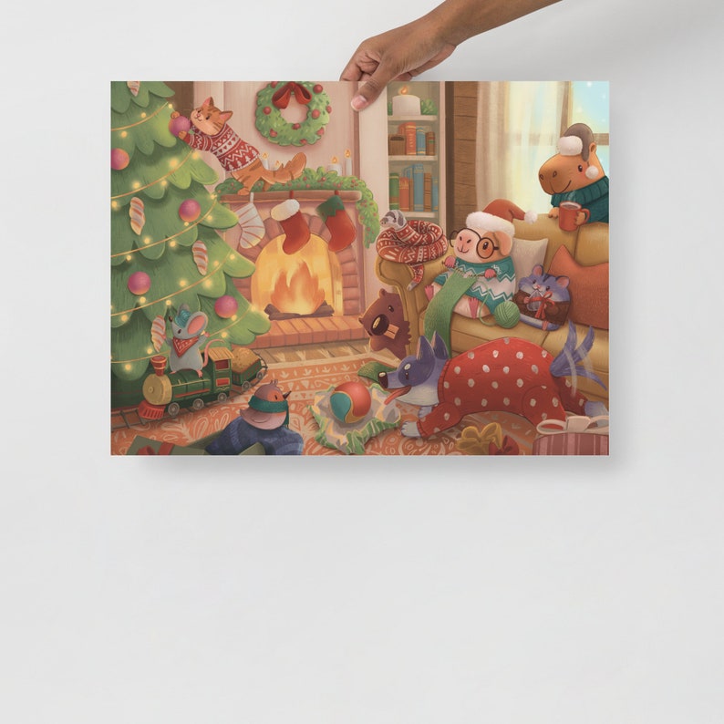 Cozy Hearth Poster, Christmas Morning Animals Wall Art, Holiday Animals Print, Capybara, Mouse, Cat, Hamster, Guinea Pig Christmas Present