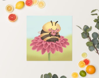 Bumble Bee Poster, Honey Bee Art, Honey Bee Lover Gift, Save the Bees Wall Art, Bee Painting, Cute Bee, Dahlia Floral Decor, Donut Wall Art