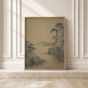 Paysage chinois de rivière de montagne, art déco mural parchemin d'encre, sérénité de falaise zen et de pin, impression d'archives physiques 40