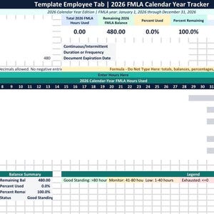 May include: A spreadsheet titled "Template Employee Tab | 2026 FMLA Calendar Year Tracker" with data fields for tracking employee FMLA hours. The document includes sections for hours used, remaining balance, and percentages, with a calendar year of 2026.