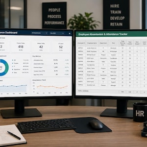 Könnte beinhalten: Zwei Computermonitore zeigen HR-Daten-Dashboards an. Einer zeigt Kennzahlen zur Übersicht über die Belegschaft, der andere Fehlzeiten und Anwesenheit der Mitarbeiter. Eine Tastatur, eine Maus, ein Notizblock und eine Kaffeetasse mit "HR" stehen auf dem Schreibtisch.