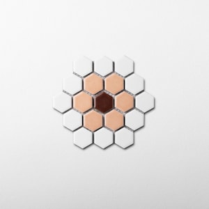 May include: A cluster of nineteen hexagonal tiles arranged in a flower pattern. The center tile is dark brown, surrounded by a ring of six light peach tiles, and an outer layer of twelve white tiles, all mounted on a mesh backing sheet.