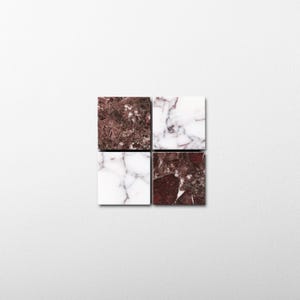 May include: A set of four square tiles arranged in a two-by-two grid. Two tiles feature a white base with dark grey veining, while the other two tiles display a deep reddish-brown stone texture with intricate, darker mineral patterns throughout.