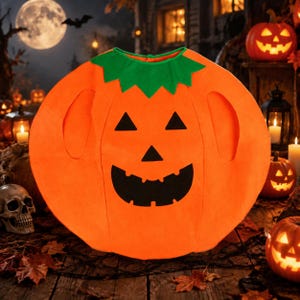 Könnte beinhalten: Ein leuchtend orangefarbenes Kürbiskostüm mit grünem Kragen, zwei Armöffnungen und einem schwarzen Jack-o'-Lantern-Gesicht aus Filz mit dreieckigen Augen, einer dreieckigen Nase und einem breiten, gezackten Grinsen auf der Vorderseite.