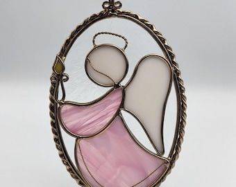 Pink Angel Stained Glass Holding Candle Mounted on Textured Glass Sun Catcher 7.25"