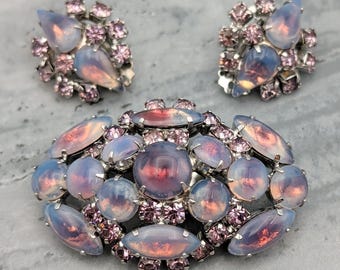 Vtg Lavender Givre Sabrina Art Glass Rhinestones Oval Brooch & Clip on Earrings
