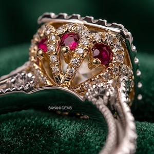 Anillo de rubí y moissanita, anillo con halo de moissanita talla cojín, plata de ley 925, chapado en oro de 14 quilates, anillo llamativo de rubí rojo, regalo elegante para ella.