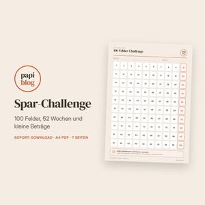 Sparchallenge zum Ausdrucken | 100 Felder, 52 Wochen Challenge, Sparziel-Glas, A4 PDF