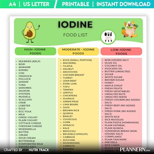 May include: A printable A4 and US Letter iodine food list chart featuring three colour-coded columns for high, moderate, and low iodine foods. The document includes a cartoon avocado, a grocery bag illustration, and text detailing food items.