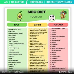 May include: A printable SIBO diet food list chart featuring three color-coded columns labeled Eat, Limit, and Avoid. The document includes a cartoon avocado, a grocery bag illustration, and text detailing specific food items with measurements.