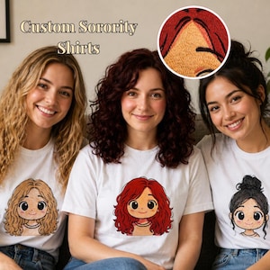 May include: Three white t-shirts featuring embroidered cartoon portraits of individuals with different hair colors and styles. The text Custom Sorority Shirts appears in the upper left corner, and a circular inset shows a close-up of embroidery.