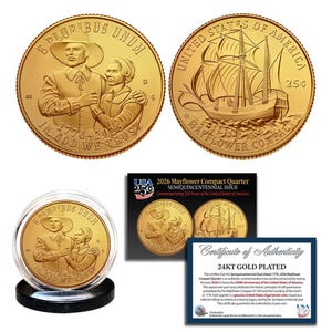 2026 Mayflower Compact 24K Gold Plated Uncirculated Quarter 1776-2026 - Lot Of 2
