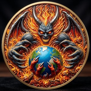 May include: A circular gold-toned medallion featuring a relief design of a horned, winged creature with glowing red eyes and sharp claws. The creature is surrounded by stylized orange and yellow flames and is holding a blue and green globe.