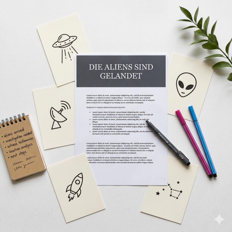 Pu&ograve; includere: Una collezione di articoli di cancelleria a tema alieno. Include un blocco note con appunti manoscritti, biglietti con illustrazioni aliene e un documento con il testo "DIE ALIENS SIND GELANDET". Sono presenti anche penne e un rametto di verde.