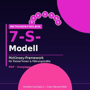 Könnte beinhalten: Eine digitale Grafik mit dunkelblauem Hintergrund zeigt den Text "METHODEN-TOOLBOX" und "7-S-Modell" in leuchtendem Pink. Der Text "McKinsey-Framework" ist ebenfalls sichtbar. Pinke Kreise mit dem Buchstaben "S" sind bogenförmig angeordnet.
