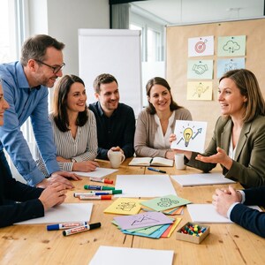 Pu&ograve; includere: Riunione di gruppo attorno a un tavolo di legno. Una donna presenta un disegno di una lampadina con una freccia al gruppo. Il tavolo &egrave; coperto di pennarelli, note adesive colorate e un piccolo contenitore di pezzi di gioco. Una lavagna &egrave; sullo sfondo.