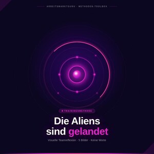 Könnte beinhalten: Ein digitales Grafikdesign mit einem dunkelvioletten Hintergrund, konzentrischen Kreisen und einer zentralen Kugel in hellem Pink. Der Text "Die Aliens sind gelandet" wird in Weiß und Lila angezeigt, mit zusätzlichem Text darunter.