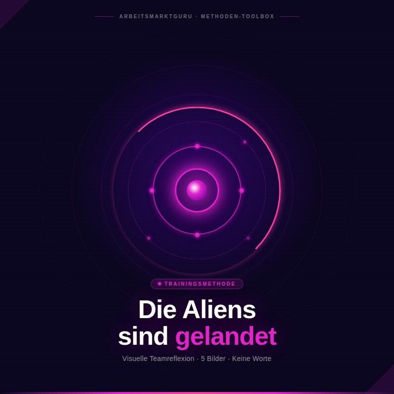 Pu&ograve; includere: Grafica digitale con sfondo viola scuro, cerchi concentrici e una sfera centrale rosa acceso. Il testo "Die Aliens sind gelandet" &egrave; visualizzato in bianco e viola, con testo aggiuntivo sottostante.