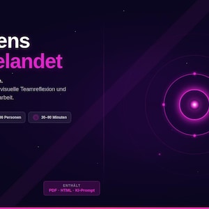 Pu&ograve; includere: Grafica viola scuro con il testo "Die Aliens sind gelandet" in bianco e rosa. L'immagine promuove un metodo di formazione per la riflessione di gruppo e il lavoro sull'identit&agrave; organizzativa. Include icone per il lavoro di gruppo, 6-36 persone, 30-90 minuti e online.