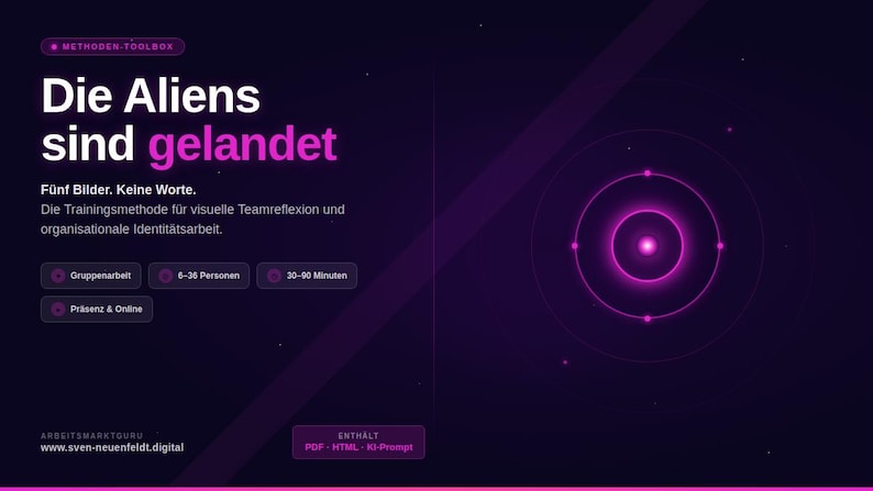 Pu&ograve; includere: Grafica viola scuro con il testo "Die Aliens sind gelandet" in bianco e rosa. L'immagine promuove un metodo di formazione per la riflessione di gruppo e il lavoro sull'identit&agrave; organizzativa. Include icone per il lavoro di gruppo, 6-36 persone, 30-90 minuti e online.