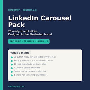 Peut inclure: Un graphique de produit numérique bleu foncé intitulé LinkedIn Carousel Pack par Shadostep Content & AI. Il liste 20 diapositives prêtes à modifier, un guide PDF et des formules d'accroche. Le texte précise les dimensions 1080x1350 et bonus.