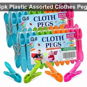 May include: A 48-piece set of assorted plastic clothes pegs in blue, green, orange, and pink. The packaging features the text G4 CLOTH PEGS, 24 PCS, and displays images of people using the pegs on a laundry line. The pegs have a soft grip design.