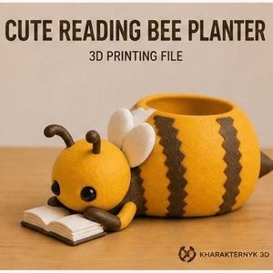 May include: A yellow and brown bee-shaped planter with a round body, two antennae, and white wings. The bee is lying down and reading an open white book. The text CUTE READING BEE PLANTER and 3D PRINTING FILE is visible at the top of the image.