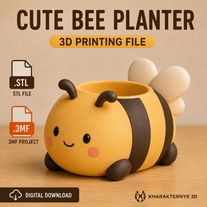 May include: A yellow and black bee-shaped planter with a smiling face, pink cheeks, and white wings. The image includes text: CUTE BEE PLANTER, 3D PRINTING FILE, .STL, .3MF, and DIGITAL DOWNLOAD. This is a digital file for 3D printing.