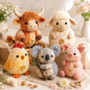 May include: A collection of five stuffed animal toys made from patterned fabric patches. The set includes a brown cow, a white sheep, a yellow chicken, a gray koala holding a small branch, and a pink pig, each featuring a central button detail.