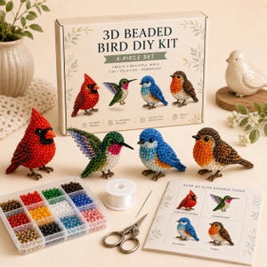 May include: A 3D beaded bird DIY kit featuring a box labeled 3D BEADED BIRD DIY KIT 4-PIECE SET, four finished beaded bird figurines, a plastic organizer with colorful beads, a spool of white thread, a needle, scissors, and an instruction booklet.