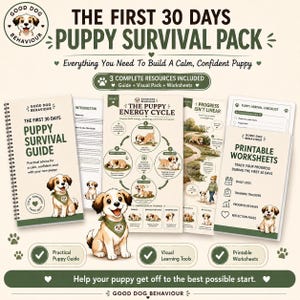 Op de afbeelding: Het The First 30 Days Puppy Survival Pack bevat een spiraalgebonden gids, een visuele kaart van de energiecyclus van een puppy en printbare werkbladen. De materialen tonen illustraties van een puppy met een groene bandana en instructietekst.