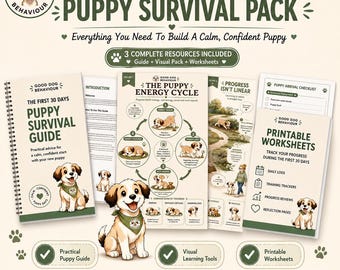 Paquete de supervivencia para cachorros durante los primeros 30 días / Guía de entrenamiento para cachorros en PDF, paquete de referencia visual y hojas de trabajo.