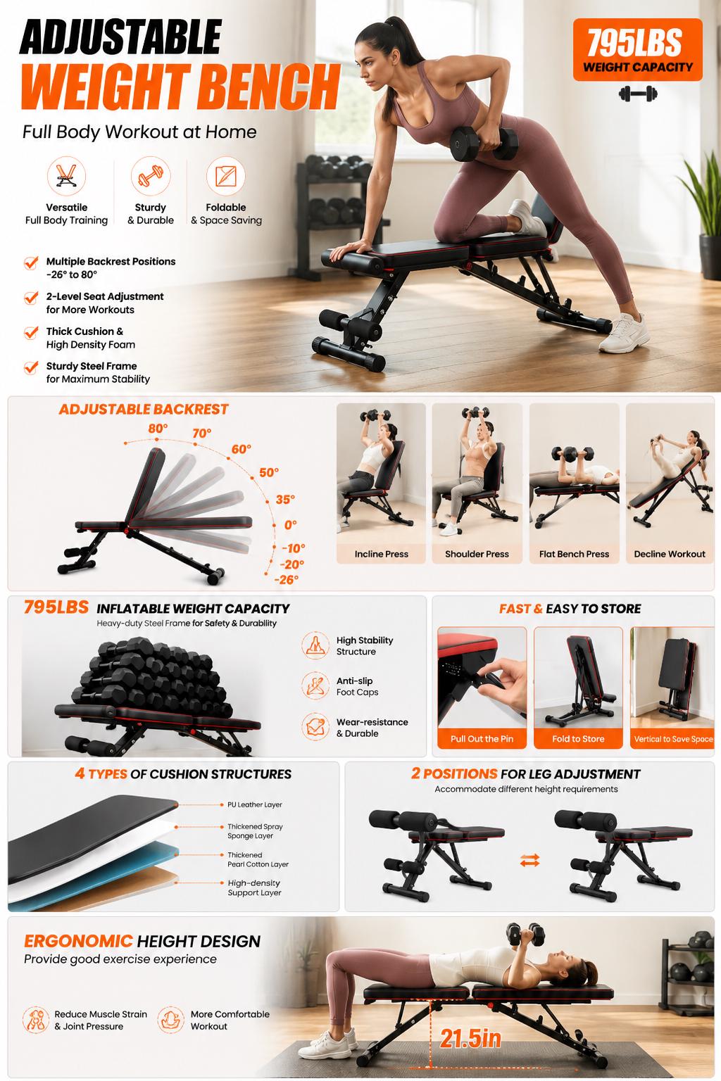 Adjustable FID Weight Bench 7-Position Incline Decline 795LB Capacity Foldable Home Gym Bench